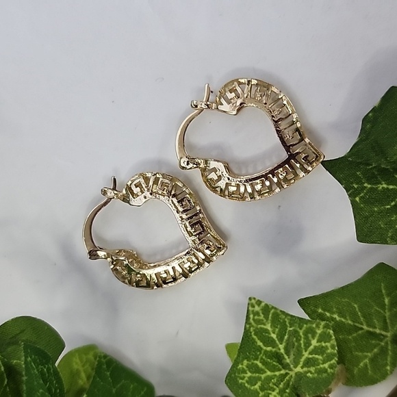 Gold Greek Key Heart Shaped Hoop Earrings - Picture 1 of 7